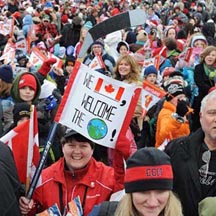 A crowd of thousands cheered for the Olympic Torch at the Prince Edward County fairgrounds in Picton, Ontario, Canada.