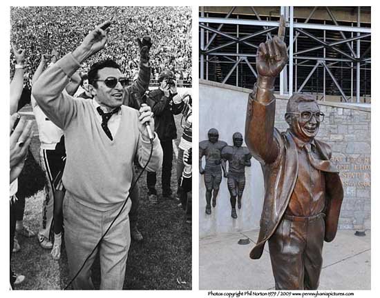 Joe Paterno statue at Beaver Stadium in 2009  and Joe Paterno coach in 1979.