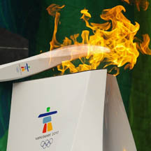 Olympic torch is lit at the cauldron in Picton, Ontario.
